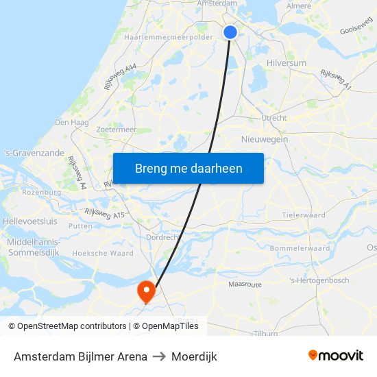 Amsterdam Bijlmer Arena to Moerdijk map