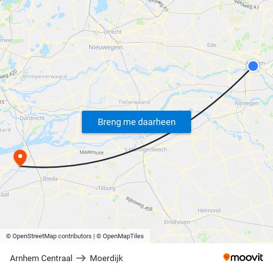 Arnhem Centraal to Moerdijk map