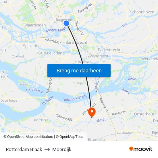 Rotterdam Blaak to Moerdijk map