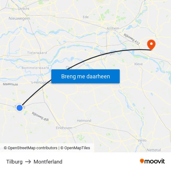 Tilburg to Montferland map