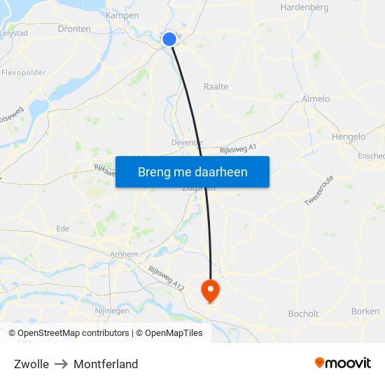 Zwolle to Montferland map