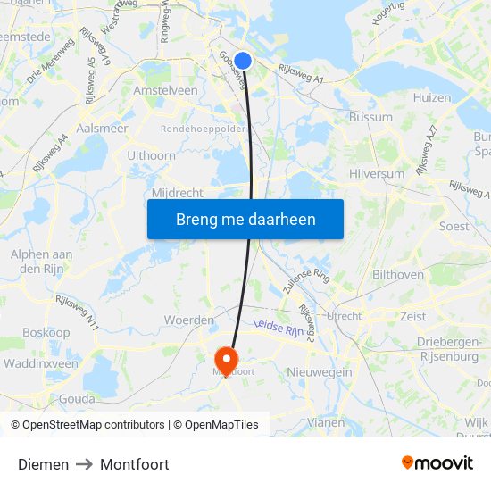 Diemen to Montfoort map