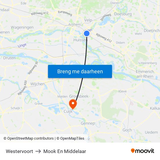 Westervoort to Mook En Middelaar map