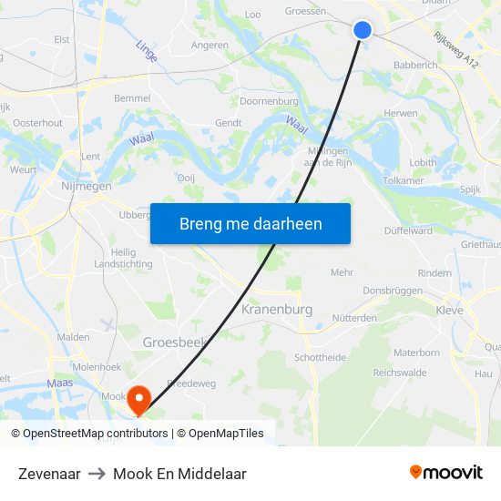 Zevenaar to Mook En Middelaar map