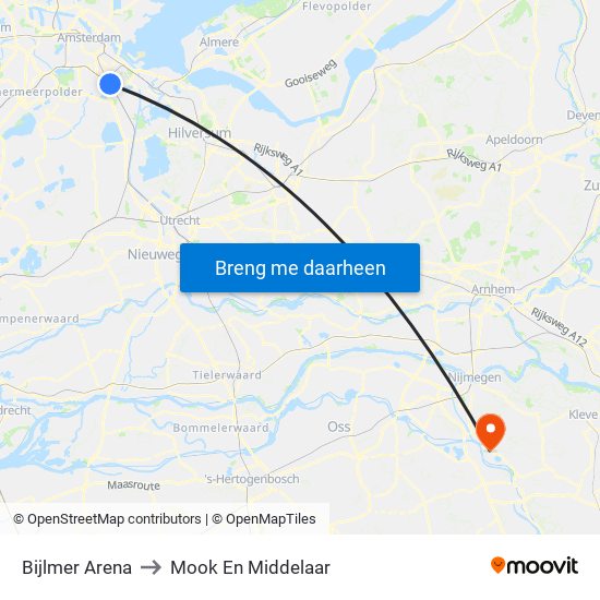 Bijlmer Arena to Mook En Middelaar map