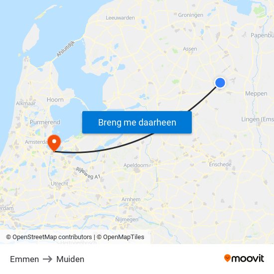 Emmen to Muiden map