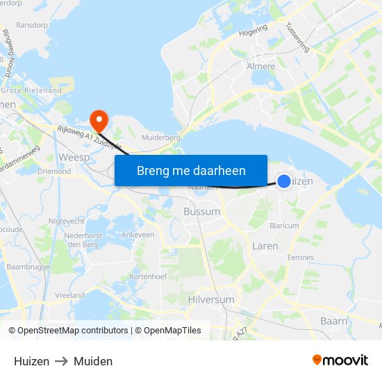 Huizen to Muiden map