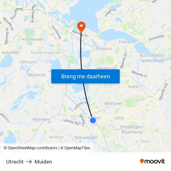 Utrecht to Muiden map