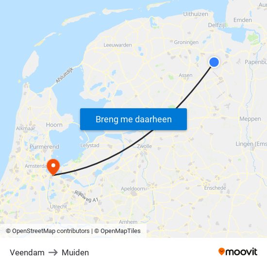 Veendam to Muiden map