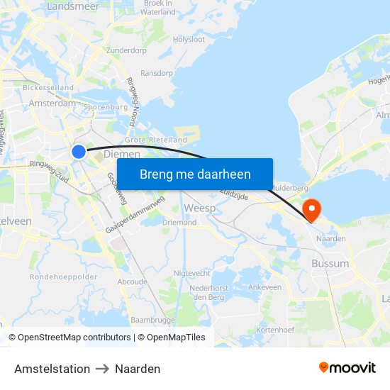 Amstelstation to Naarden map