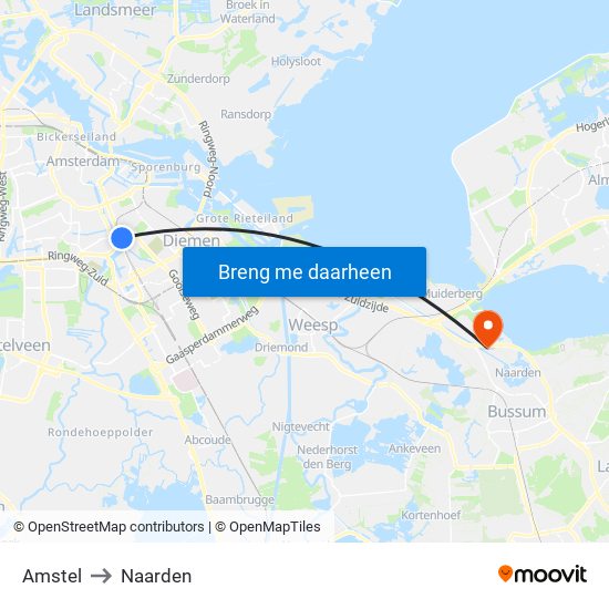 Amstel to Naarden map