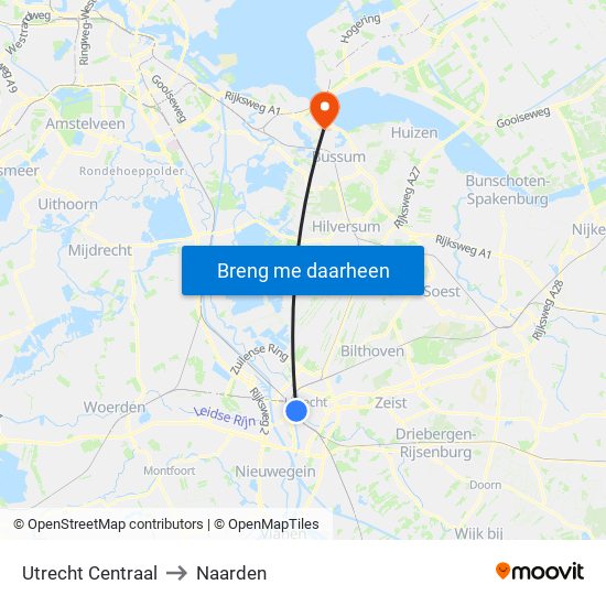 Utrecht Centraal to Naarden map