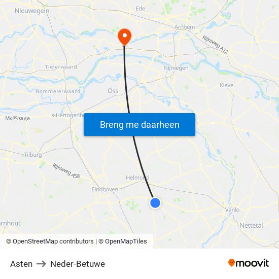 Asten to Neder-Betuwe map