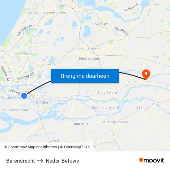 Barendrecht to Neder-Betuwe map