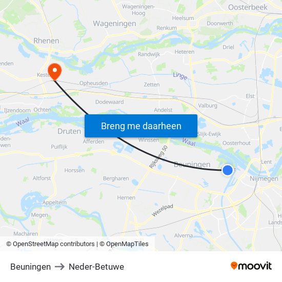 Beuningen to Neder-Betuwe map
