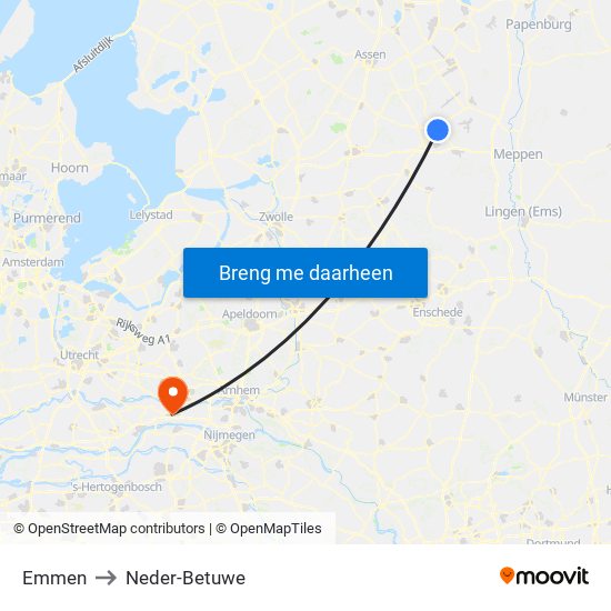 Emmen to Neder-Betuwe map