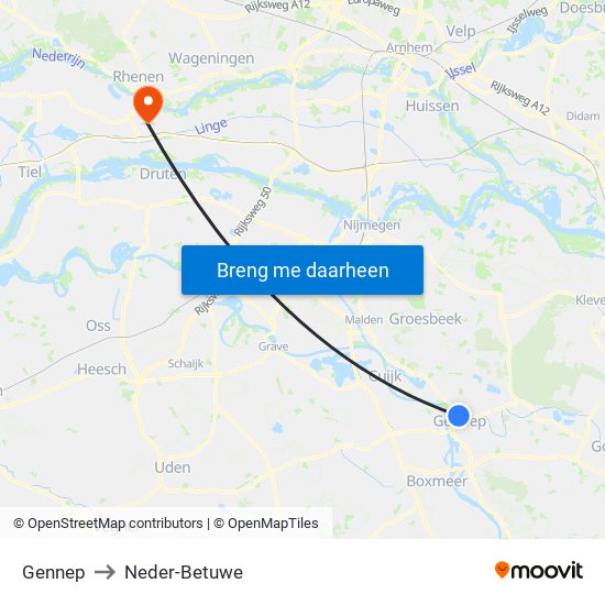 Gennep to Neder-Betuwe map