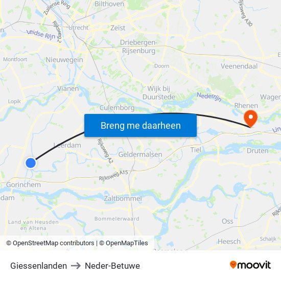 Giessenlanden to Neder-Betuwe map