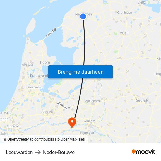 Leeuwarden to Neder-Betuwe map