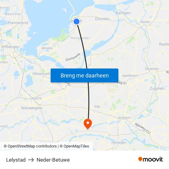 Lelystad to Neder-Betuwe map