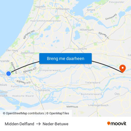Midden-Delfland to Neder-Betuwe map