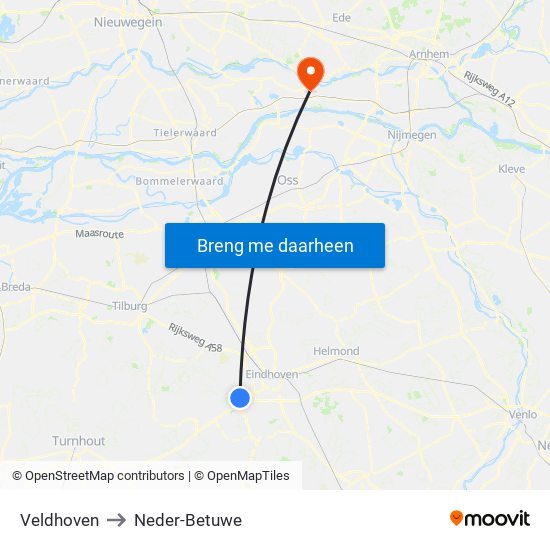 Veldhoven to Neder-Betuwe map