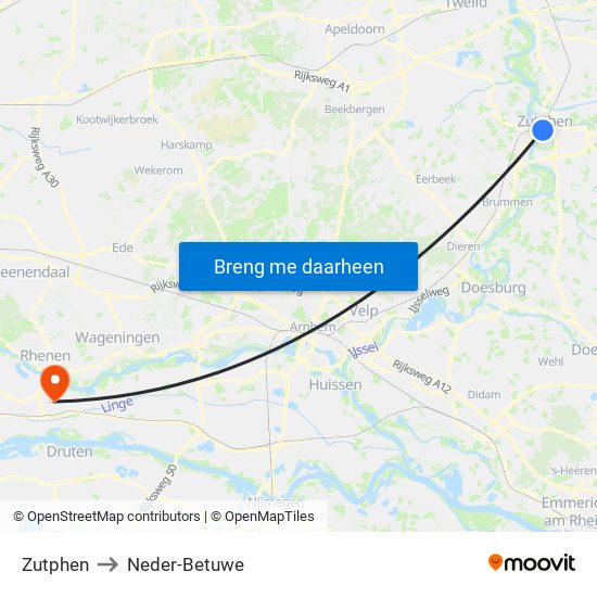 Zutphen to Neder-Betuwe map