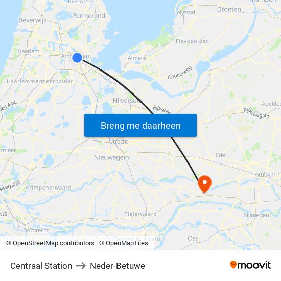 Centraal Station to Neder-Betuwe map