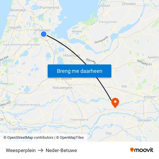 Weesperplein to Neder-Betuwe map