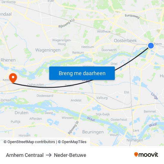 Arnhem Centraal to Neder-Betuwe map