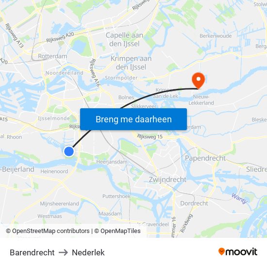 Barendrecht to Nederlek map