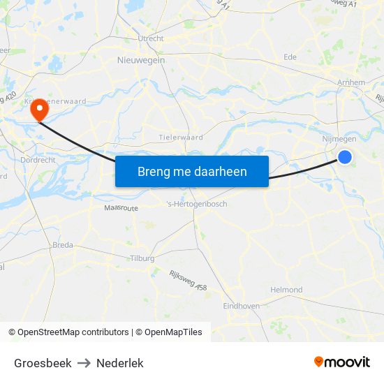 Groesbeek to Nederlek map