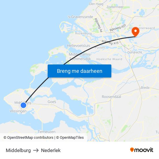 Middelburg to Nederlek map