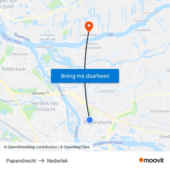 Papendrecht to Nederlek map