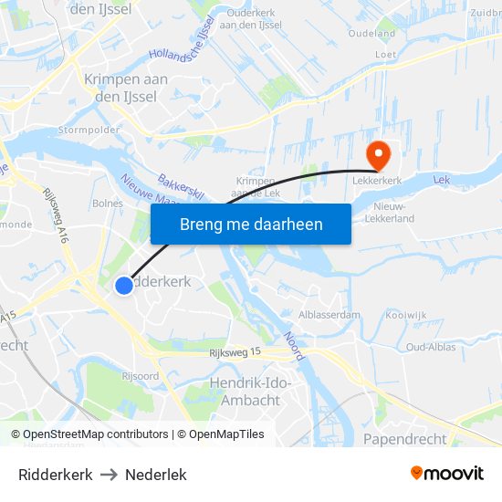 Ridderkerk to Nederlek map