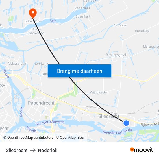 Sliedrecht to Nederlek map