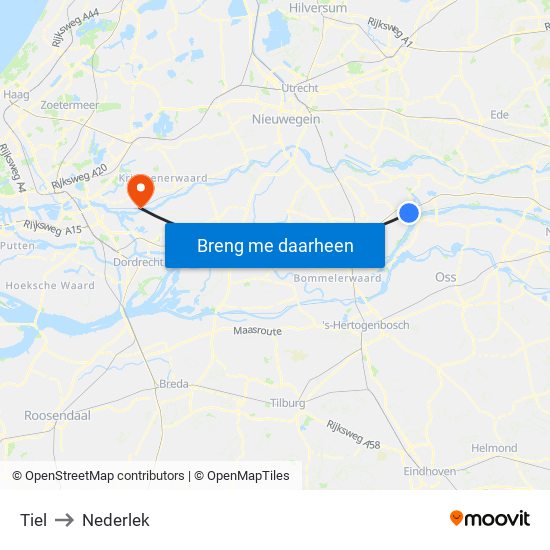 Tiel to Nederlek map