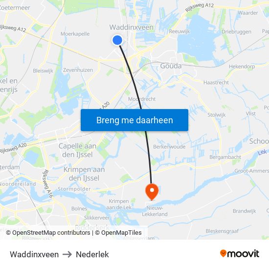 Waddinxveen to Nederlek map