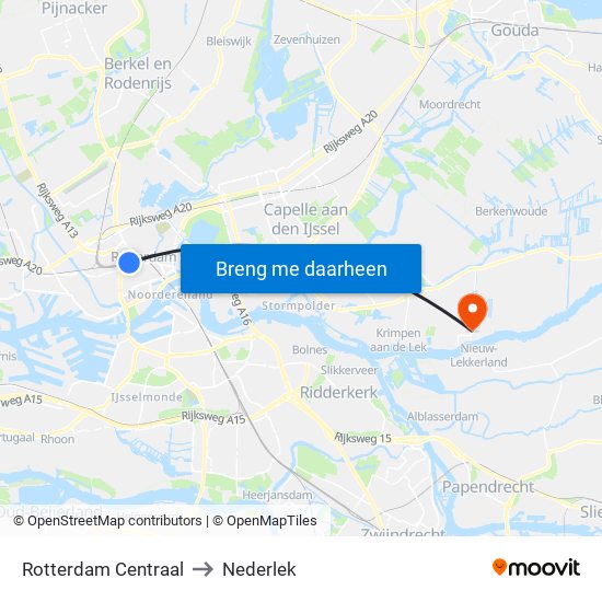 Rotterdam Centraal to Nederlek map