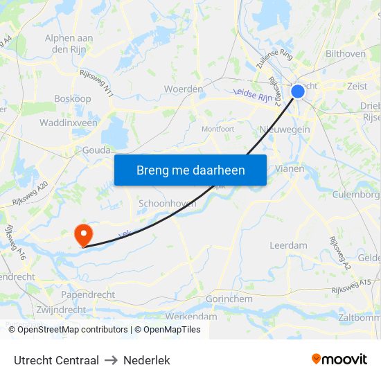 Utrecht Centraal to Nederlek map
