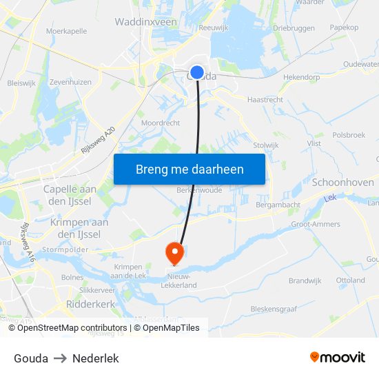 Gouda to Nederlek map
