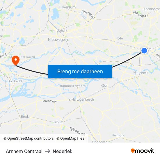 Arnhem Centraal to Nederlek map