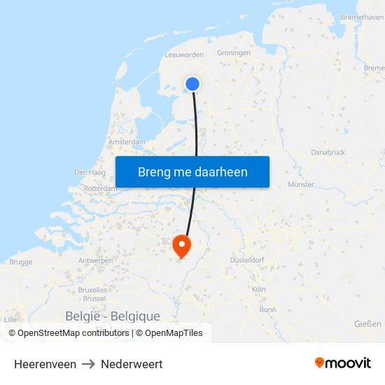 Heerenveen to Nederweert map