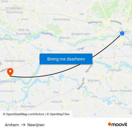 Arnhem to Neerijnen map