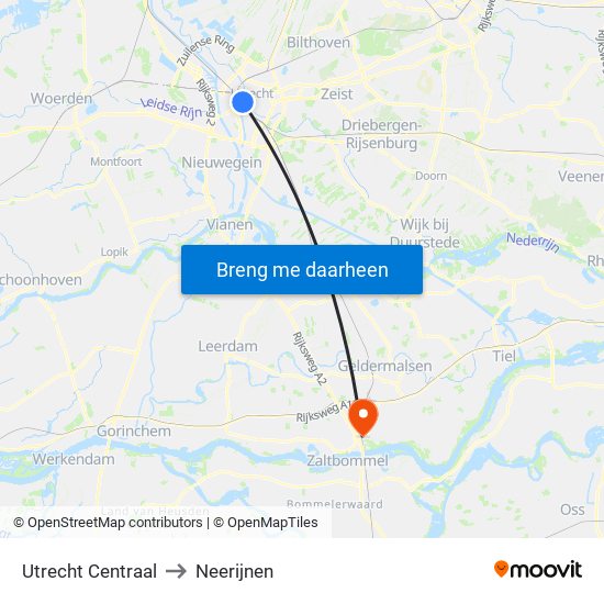 Utrecht Centraal to Neerijnen map