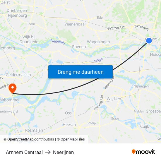 Arnhem Centraal to Neerijnen map