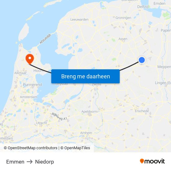 Emmen to Niedorp map