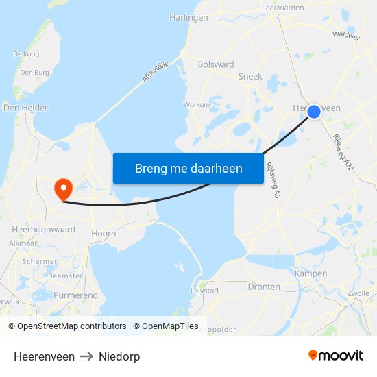Heerenveen to Niedorp map