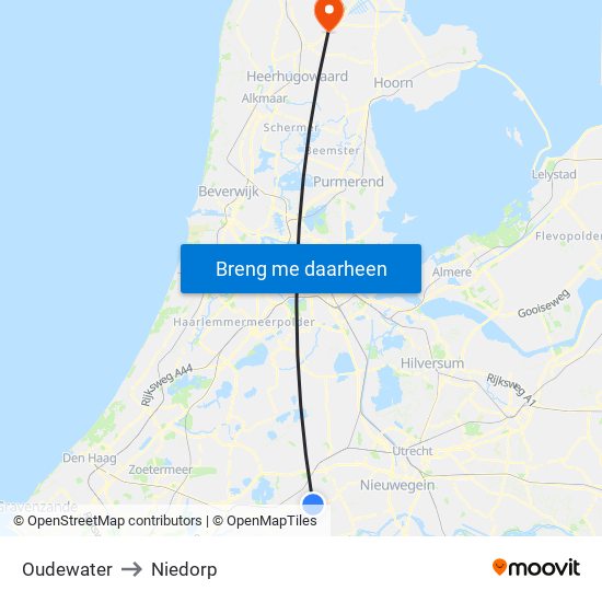 Oudewater to Niedorp map