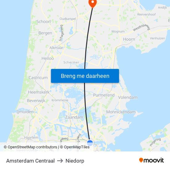 Amsterdam Centraal to Niedorp map